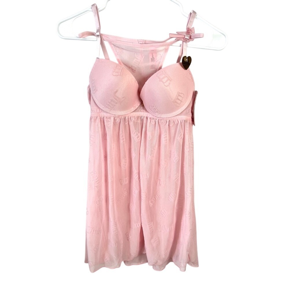 NEW Juicy Couture Intimates Pink Lingerie‎ Babydoll Crown Mesh G-String Set Sz S